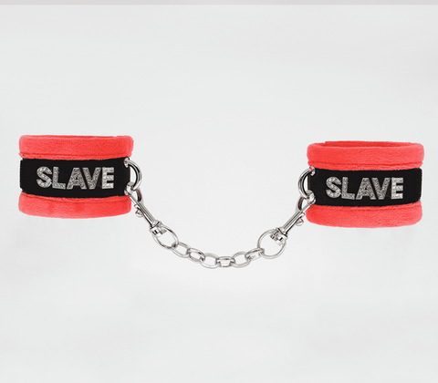 Love In Leather Fluffy Diamante SLAVE Hand Cuffs with Crystal Lettering - Cuffs And Restraints