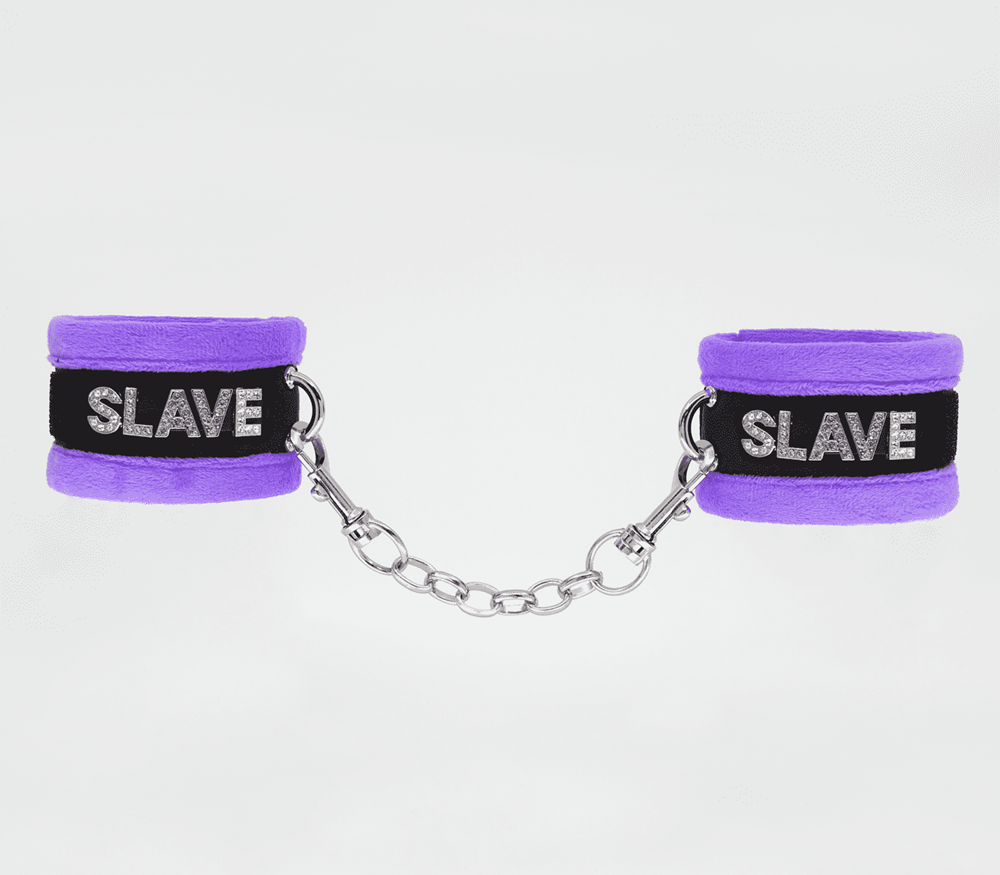 Love In Leather Fluffy Diamante SLAVE Hand Cuffs - Purple - Cuffs And Restraints