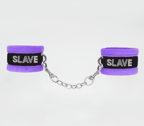 Love In Leather Fluffy Diamante SLAVE Hand Cuffs with Crystal Lettering - Cuffs And Restraints