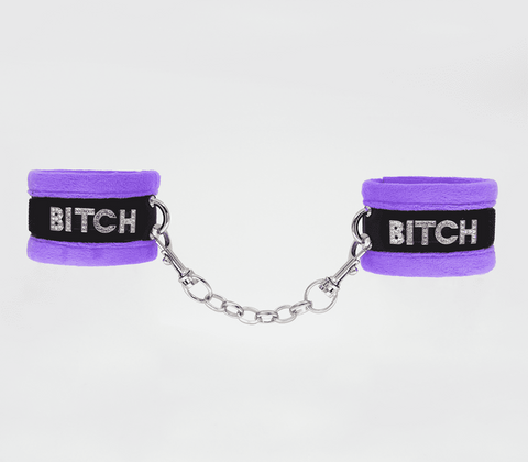 Love In Leather Diamante Bitch Fluffy Wrist Restraints with Crystal Detail - Cuffs And Restraints