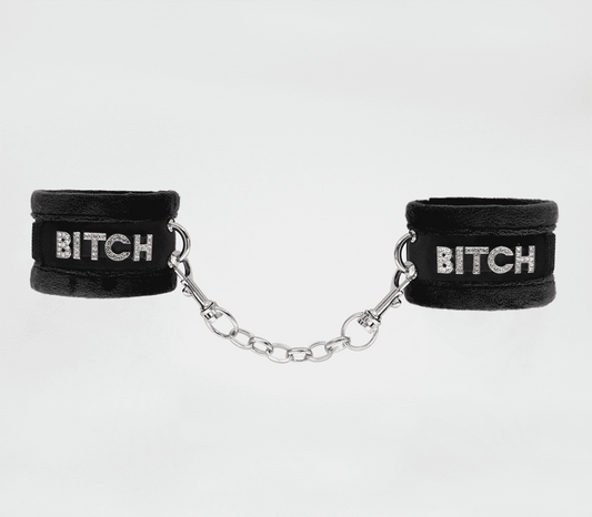 Love In Leather Diamante Bitch Fluffy Wrist Restraints - Black - Cuffs And Restraints