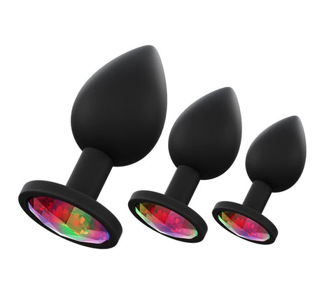 Love In Leather Premium Silicone Anal Plug Black with Interchangeable Gems - Butt Plugs