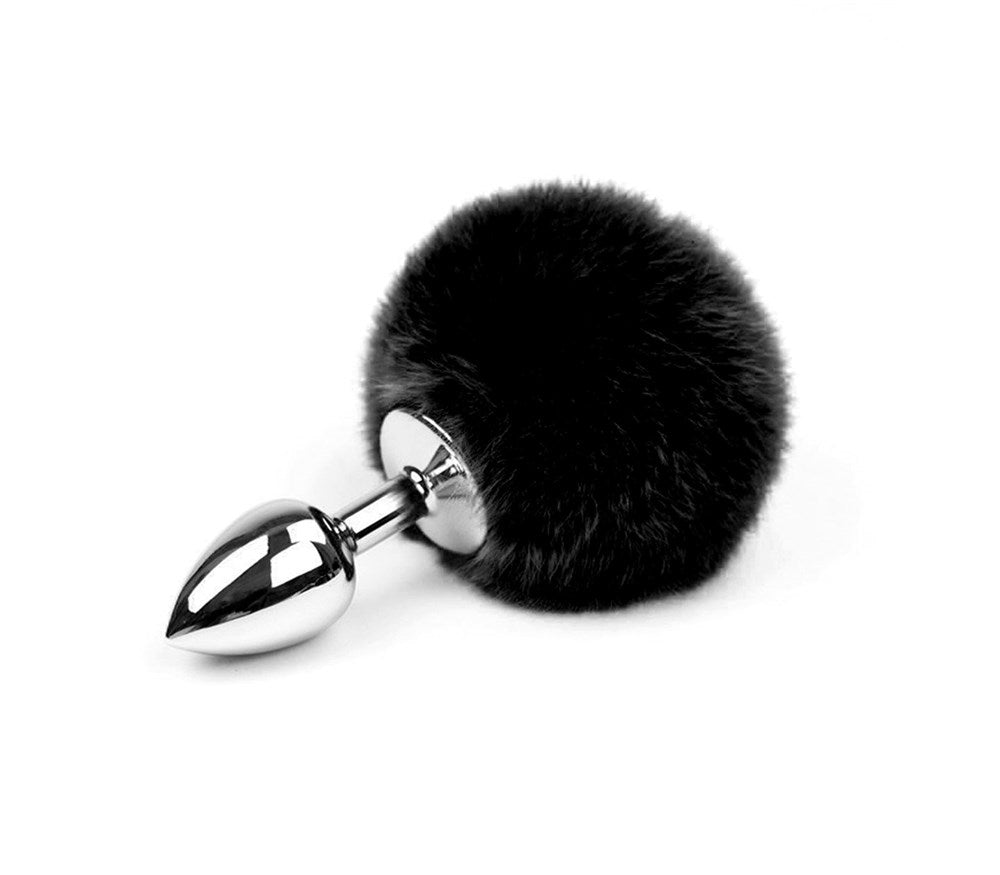 Love In Leather Faux Fur Bunny Tail Butt Plug Black Premium Aluminum - Small - Butt Plugs