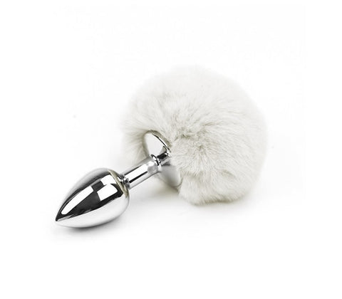 Love In Leather Faux Fur Bunny Tail Anal Plug White Premium Aluminum - Butt Plugs