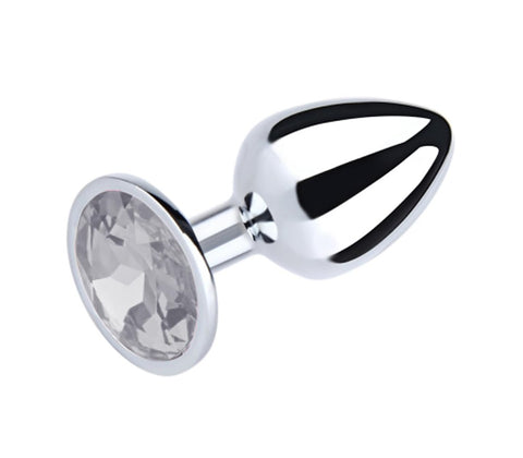 Love In Leather Metal Butt Plug With Round Gem Clear Premium Anal Stimulation - Butt Plugs