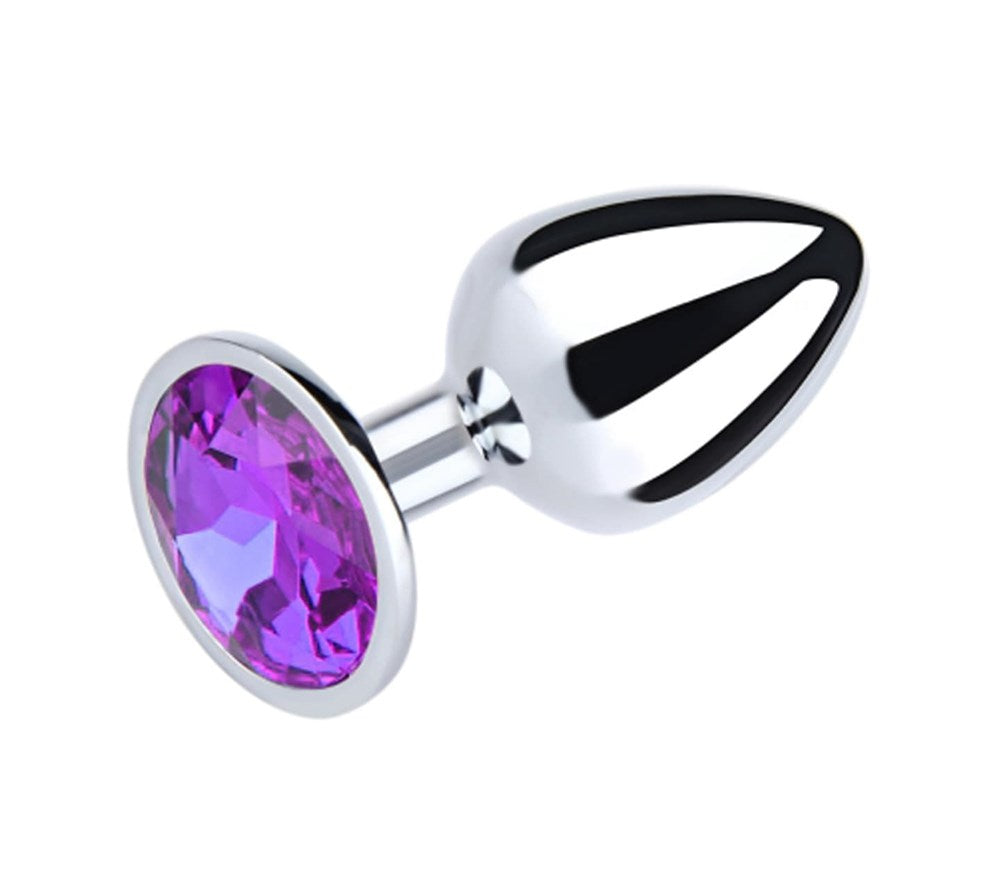 Love In Leather Metal Butt Plug With Round Gem Purple Premium Anal Sex Toy - Small - Butt Plugs