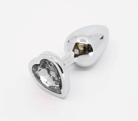 Love In Leather Metal Anal Plug With Heart Gem Clear Premium Aluminium Alloy - Butt Plugs