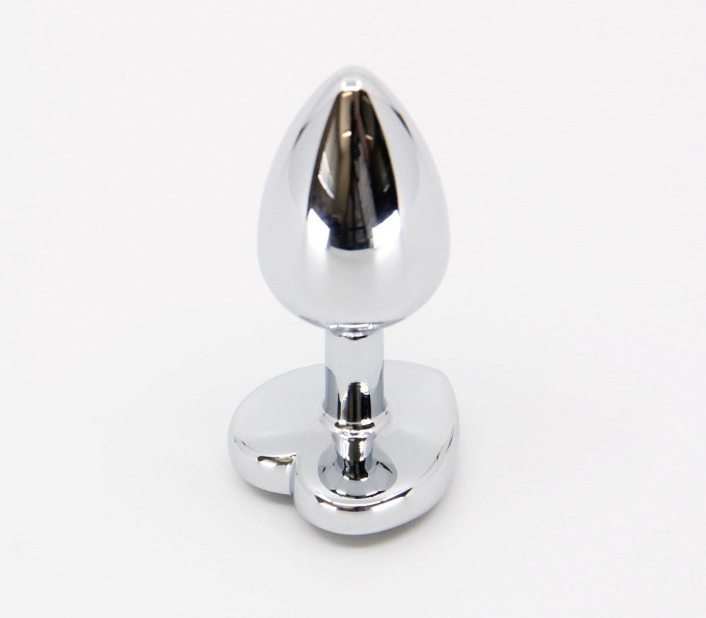 Love In Leather Metal Anal Plug With Heart Gem Clear Premium Aluminium Alloy - Medium - Butt Plugs