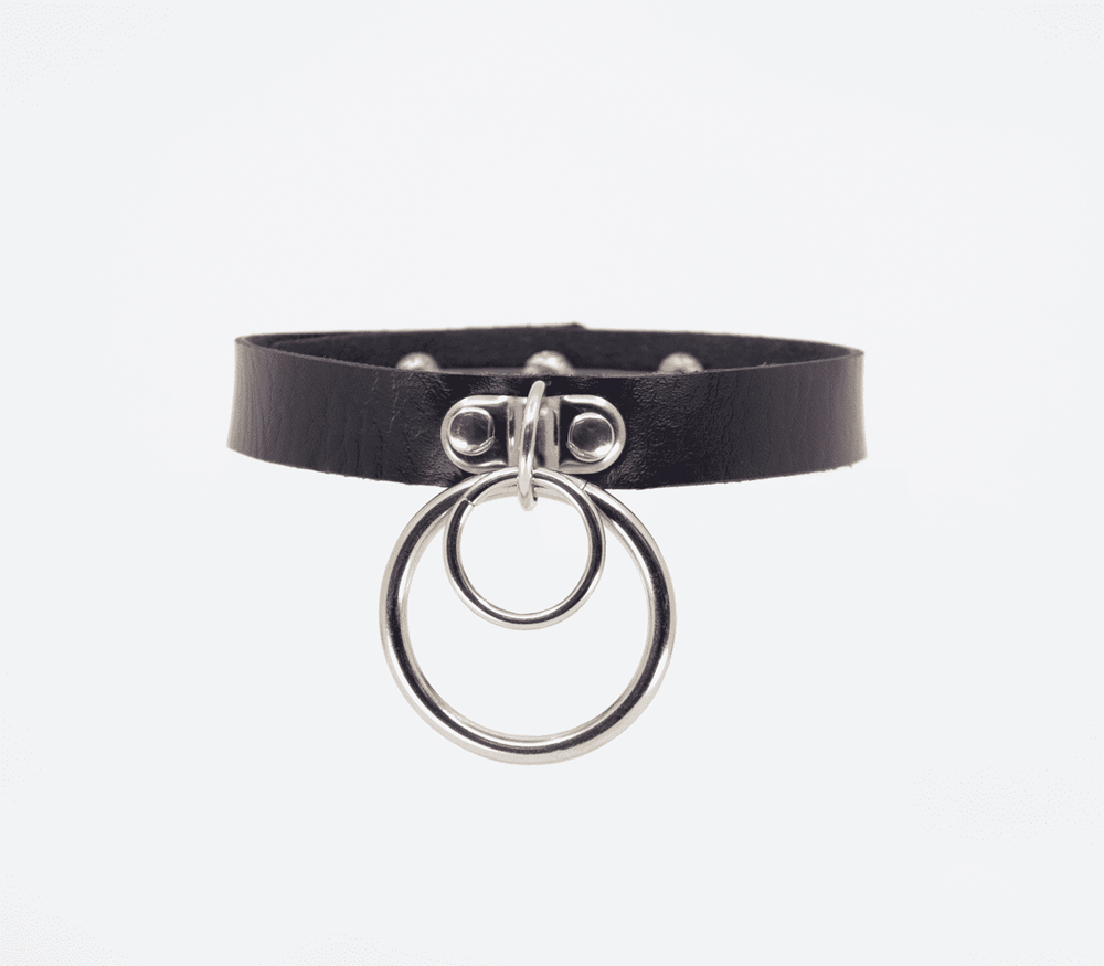 Love In Leather Double Ring Faux Leather Choker Dual Ring BDSM Accessory - - Collars and Leads