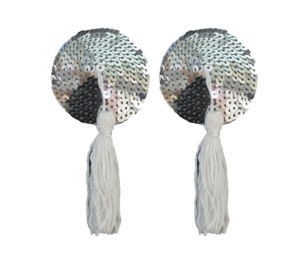 Love In Leather Round Sequin Nipple Tassels with Premium Sequin Design - Silver White - Breast and Nipple Toys