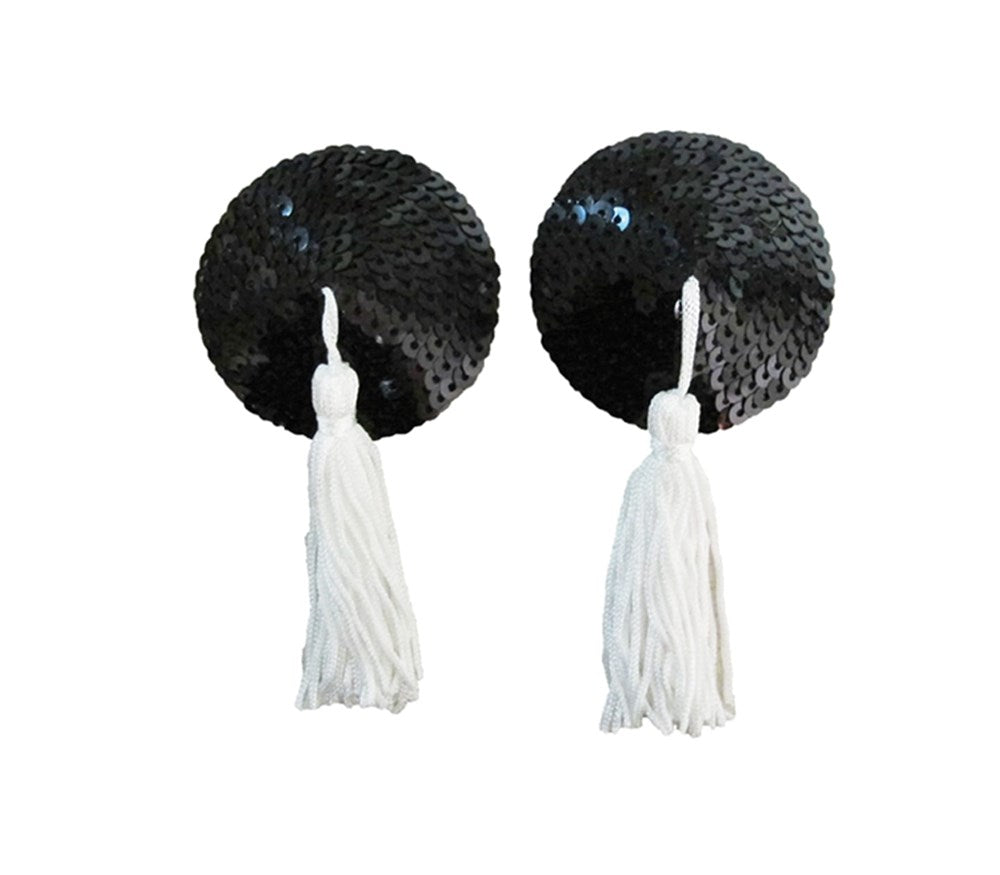 Love In Leather Round Sequin Nipple Tassels with Premium Sequin Design - Black White - Breast and Nipple Toys