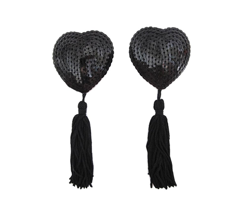 Love In Leather Heart Shape Nipple Tassels Romantic Adhesive Design - Black - Breast and Nipple Toys