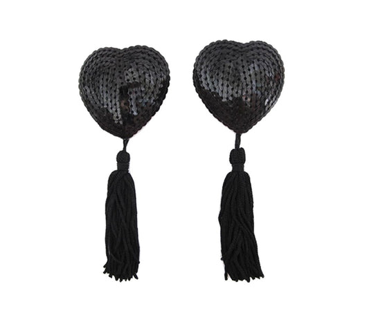 Love In Leather Heart Shape Nipple Tassels - Black - Breast and Nipple Toys