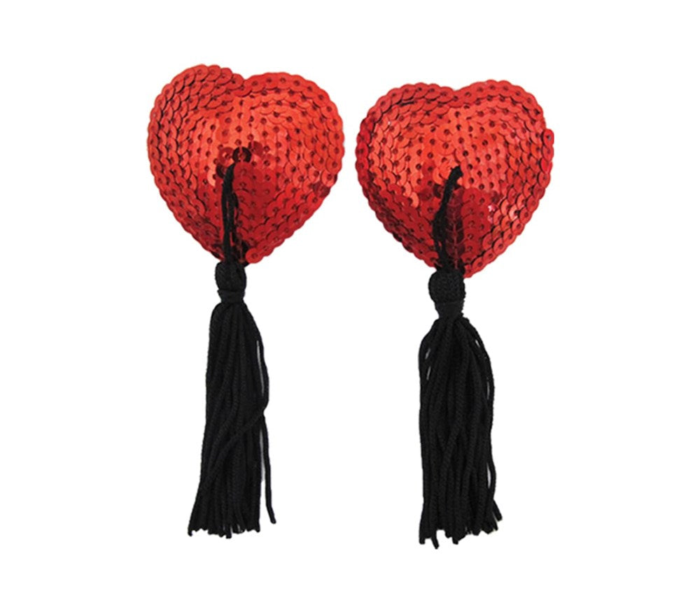 Love In Leather Heart Shape Nipple Tassels Romantic Adhesive Design - Red - Breast and Nipple Toys