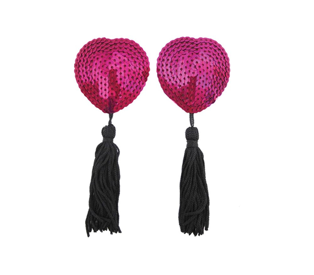 Love In Leather Heart Shape Nipple Tassels Romantic Adhesive Design - Hot Pink - Breast and Nipple Toys
