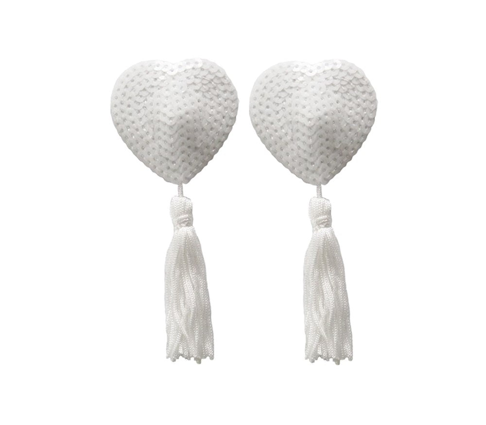 Love In Leather Heart Shape Nipple Tassels Romantic Adhesive Design - White - Breast and Nipple Toys