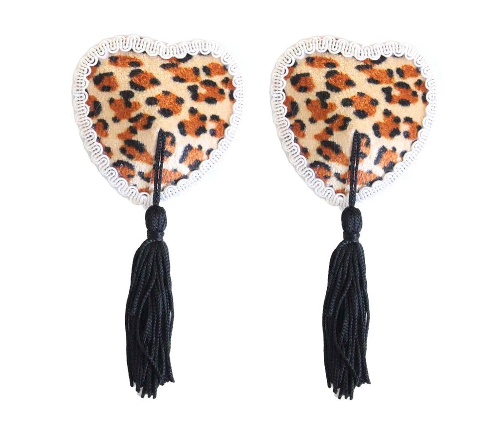 Love In Leather Heart Shape Nipple Tassels Romantic Adhesive Design - Leopard Print - Breast and Nipple Toys