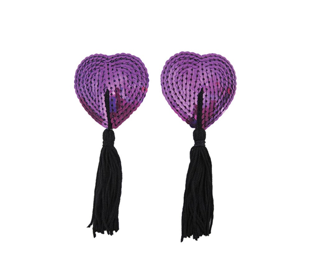Love In Leather Heart Shape Nipple Tassels Romantic Adhesive Design - Purple - Breast and Nipple Toys