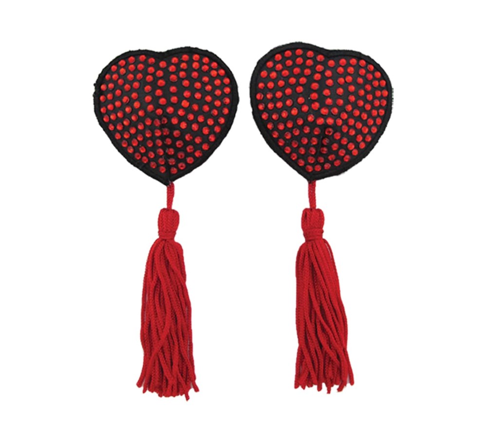 Love In Leather Heart Shape Rhinestone Nipple Tassels Sparkly Romantic - Red - Breast and Nipple Toys