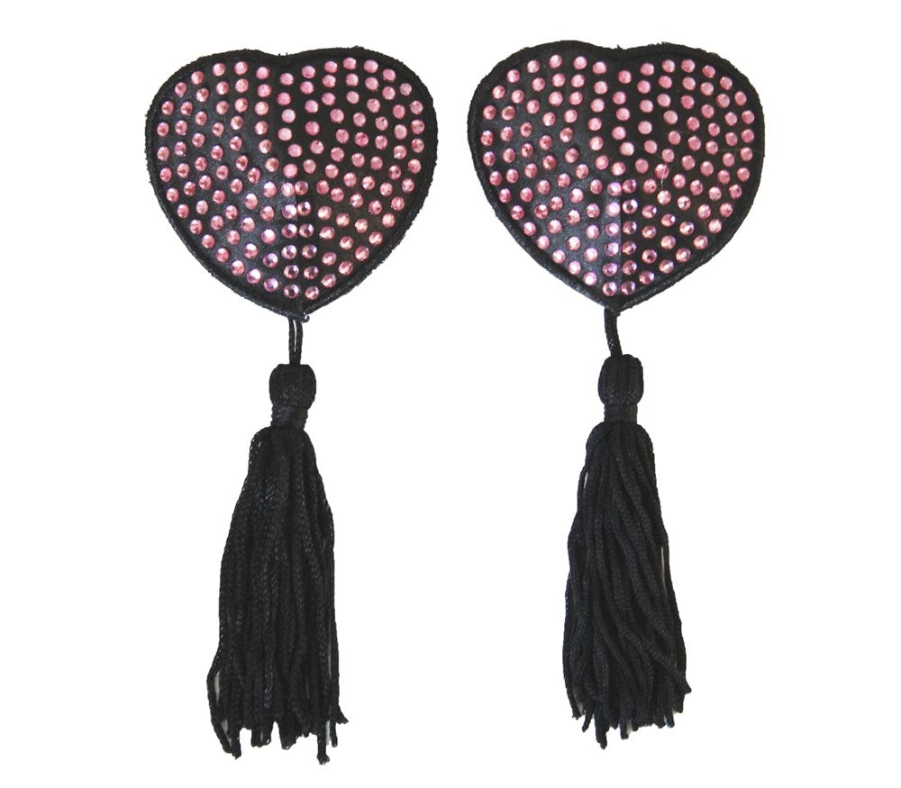 Love In Leather Heart Shape Rhinestone Nipple Tassels Sparkly Romantic - Baby Pink - Breast and Nipple Toys