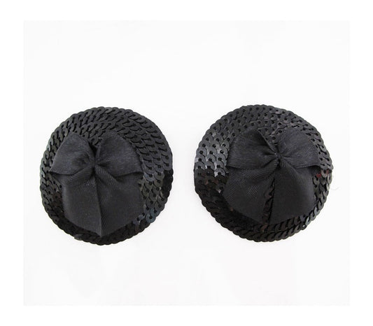 Love In Leather Round Sequin Nipple Pasties With Bow Sparkling Adhesive - Black - Breast and Nipple Toys