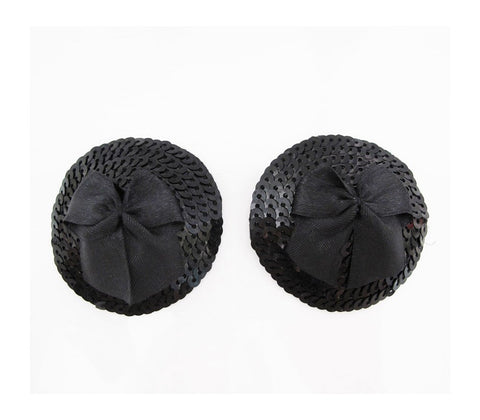 Love In Leather Round Sequin Nipple Pasties With Bow Sparkling Adhesive - Breast and Nipple Toys
