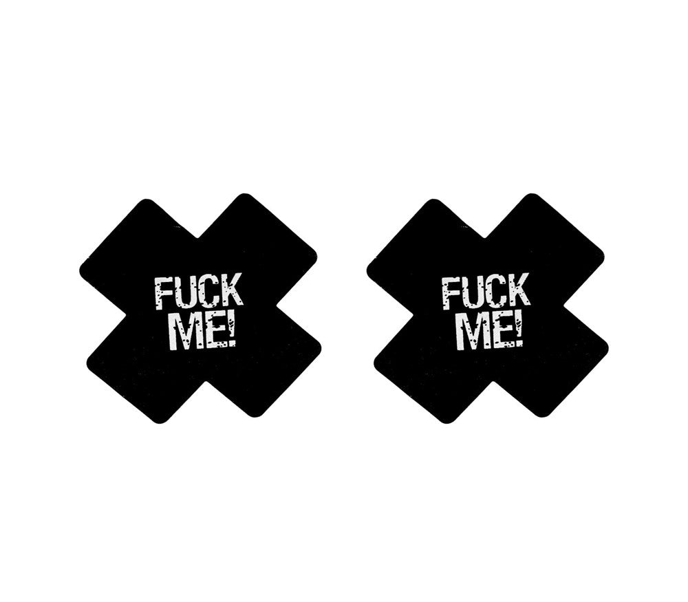 Love In Leather Fuck Me Satin Cross Nipple Pasties Bold Cross Design - Black - Breast and Nipple Toys