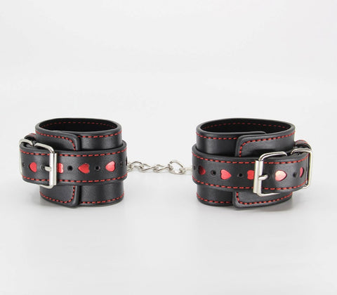 Berlin Baby Metallic Heart Bondage Wrist Cuffs with Red Heart Inlays - Cuffs And Restraints