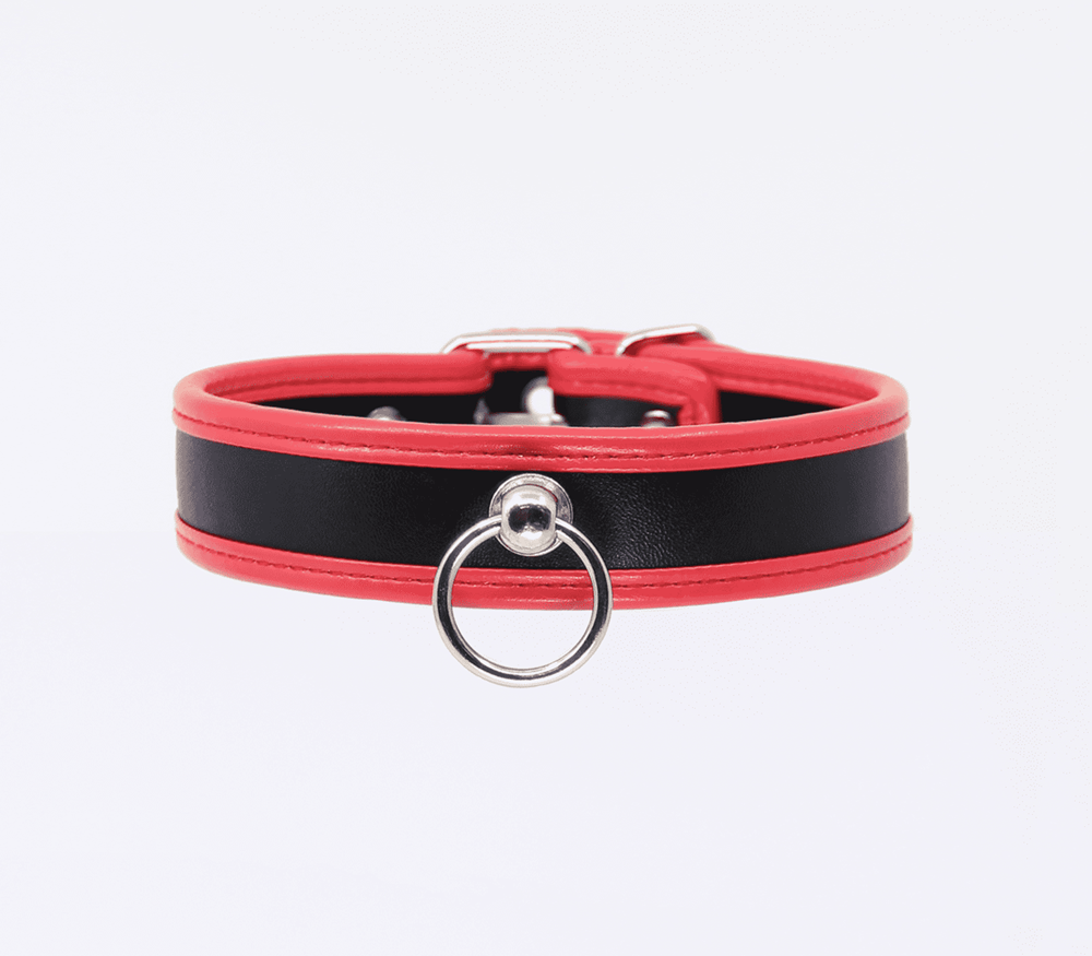Berlin Baby Thin Padded Faux Leather Bondage Collar - Black Red - Collars and Leads