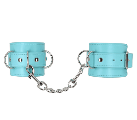 Berlin Baby Turquoise Blue Faux Leather Wrist Cuffs with Triple D Ring System - Cuffs And Restraints
