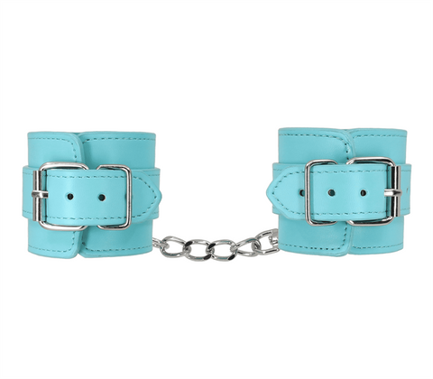 Berlin Baby Turquoise Blue Faux Leather Wrist Cuffs with Triple D Ring System - Cuffs And Restraints
