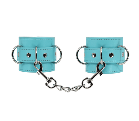 Berlin Baby Turquoise Blue Faux Leather Wrist Cuffs with Triple D Ring System - Cuffs And Restraints