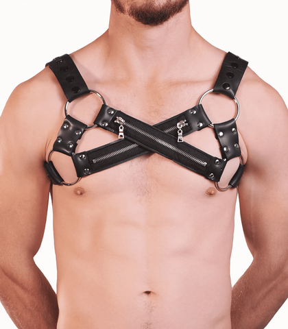 Love In Leather Mens Cross Front Neoprene Body Brace with Dual Front Zips - Cuffs And Restraints