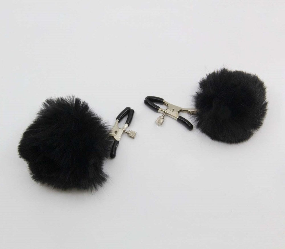 Love In Leather Pom Pom Womens Nipple Clamps with Adjustable Pressure - Black - Nipple and Clit Clamps