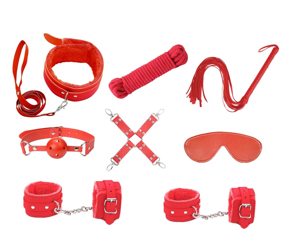 Love In Leather Vegan Friendly 9 Piece Bondage Kit - Red - Bondage Kits