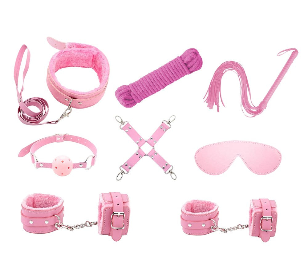 Love In Leather Vegan Friendly 9 Piece Bondage Kit - Pink - Bondage Kits