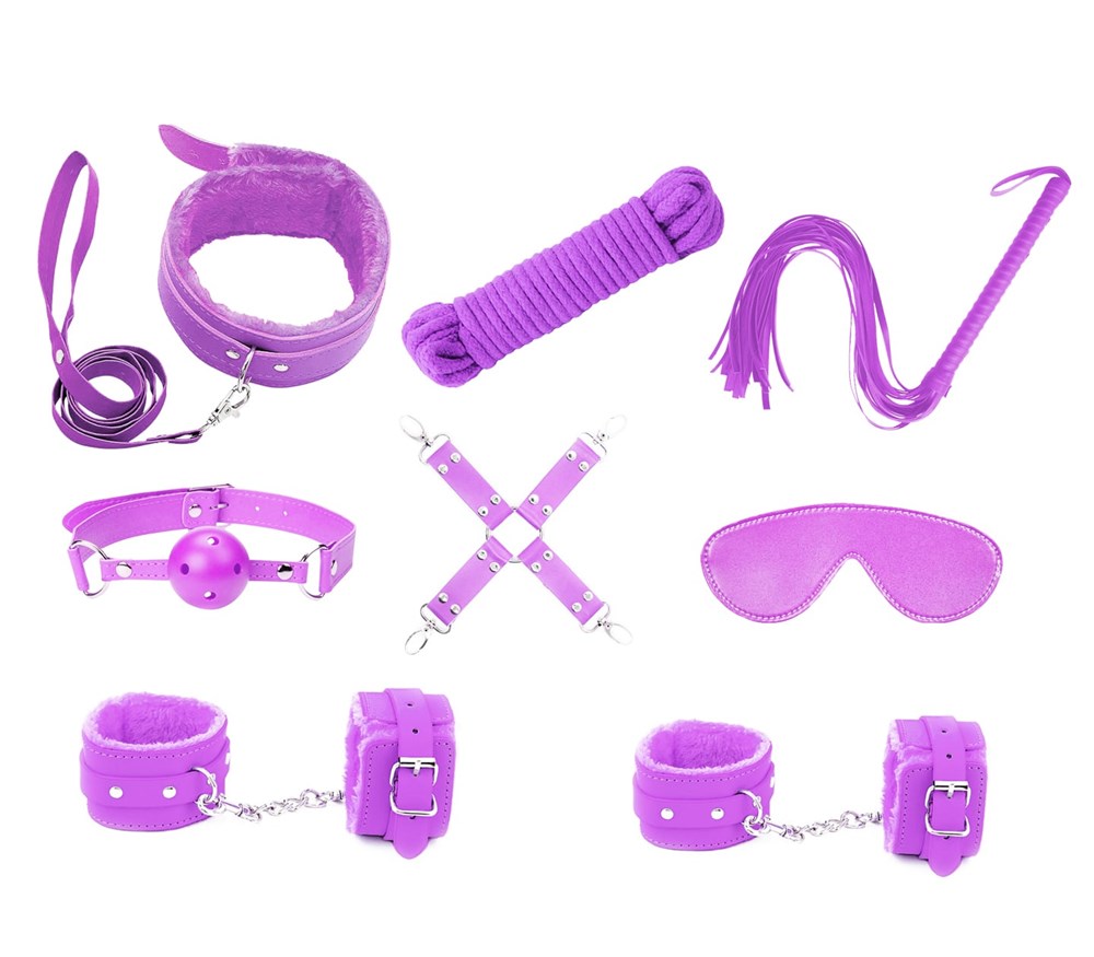 Love In Leather Vegan Friendly 9 Piece Bondage Kit - Purple - Bondage Kits