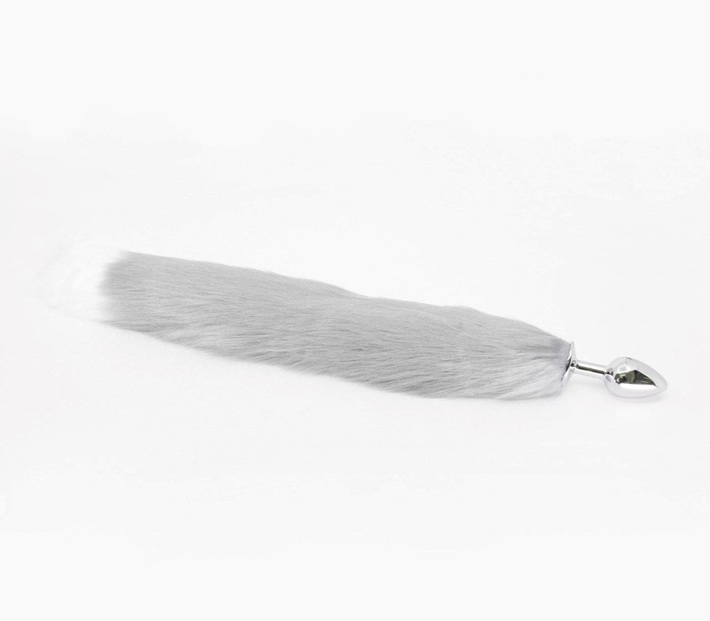 Love In Leather Faux Fur Fox Tail Butt Plug Medium with Premium Aluminium - Grey - Butt Plugs
