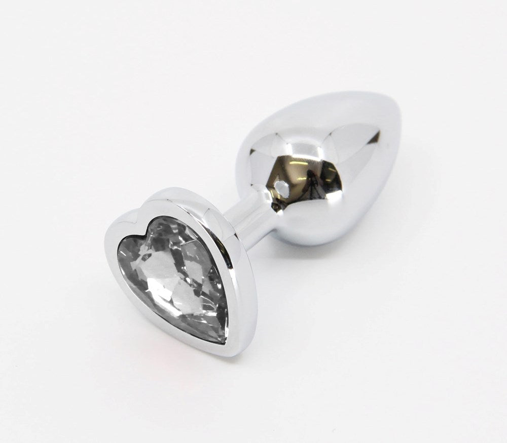 Love In Leather Metal Butt Plug With Heart Gem Premium Anal Stimulation - Clear - Butt Plugs