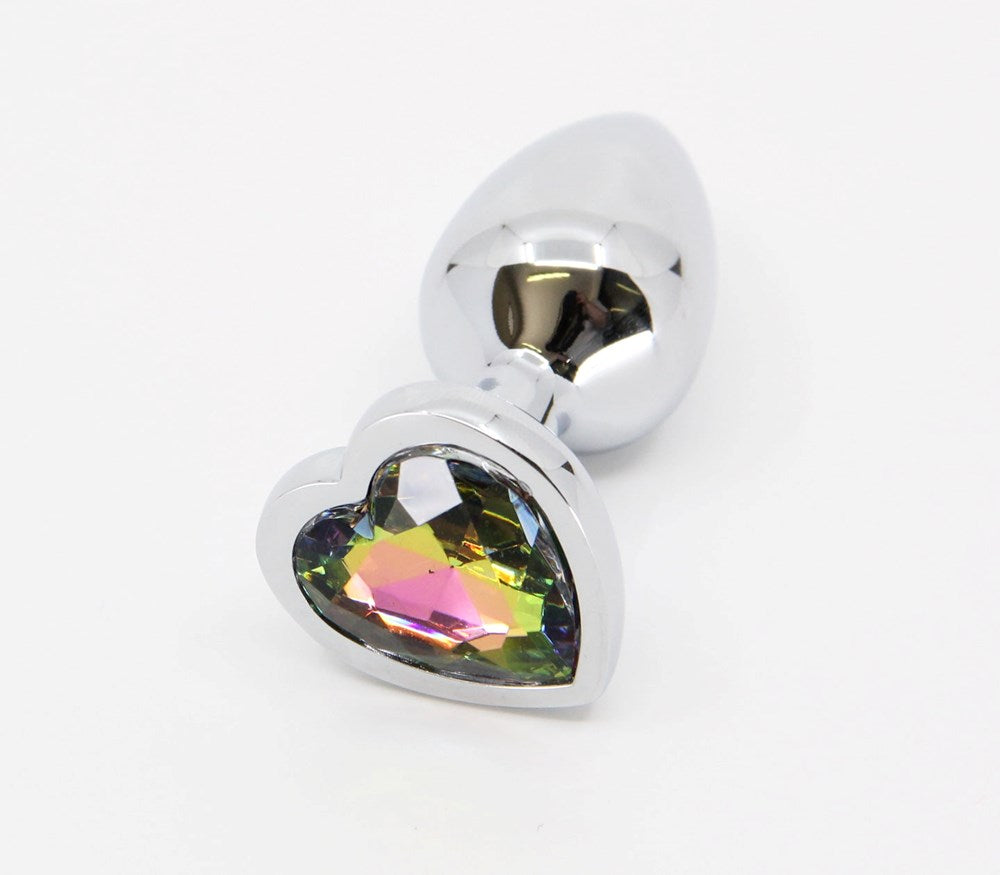 Love In Leather Metal Butt Plug With Heart Gem Premium Anal Stimulation - Pride Rainbow Medium Silver Chrome - Butt Plugs