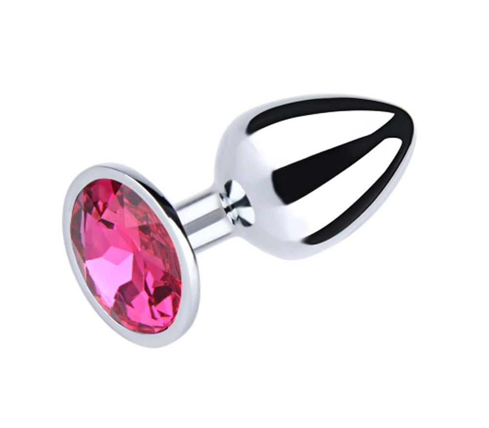 Love In Leather Round Gem Metal Anal Plug Premium Metal Construction - Pink Large Silver Chrome - Butt Plugs