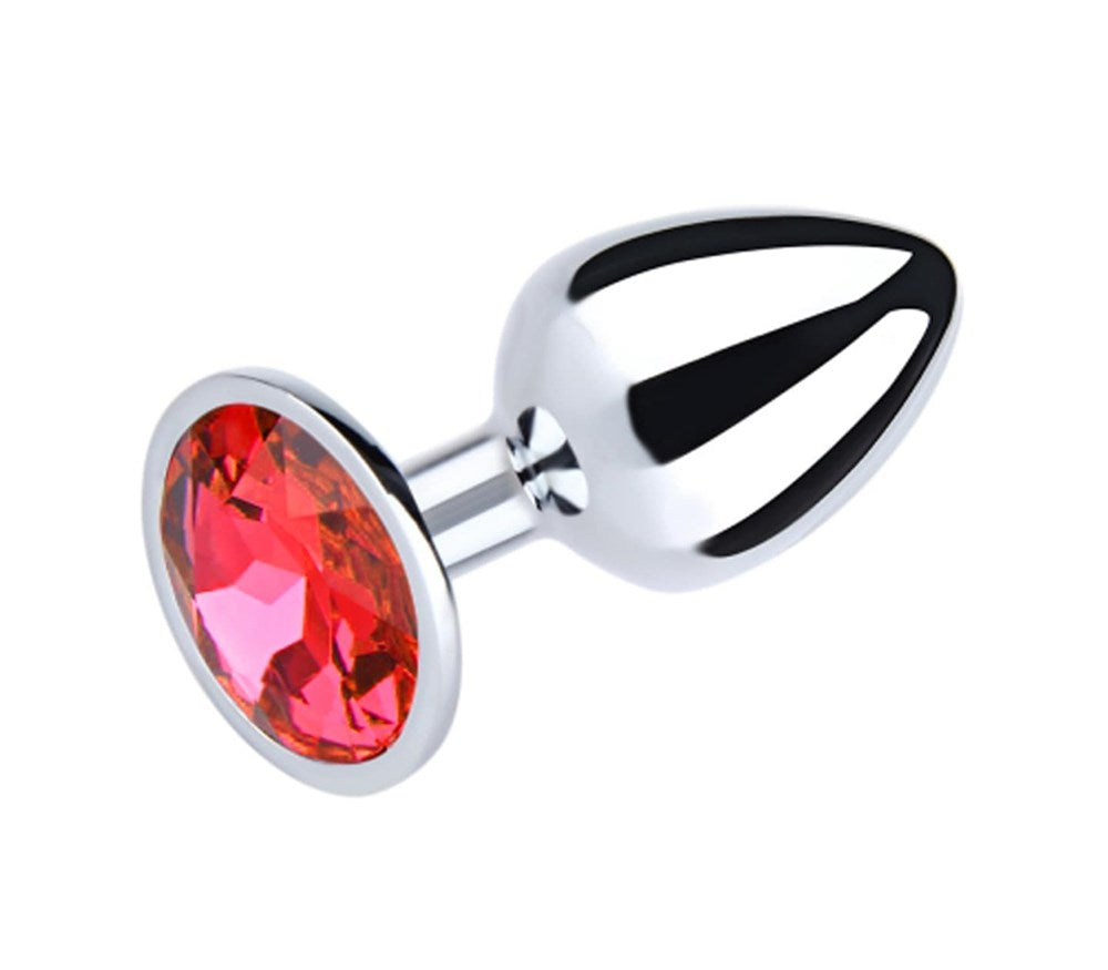 Love In Leather Round Gem Metal Anal Plug Premium Metal Construction - Red Large Silver Chrome - Butt Plugs