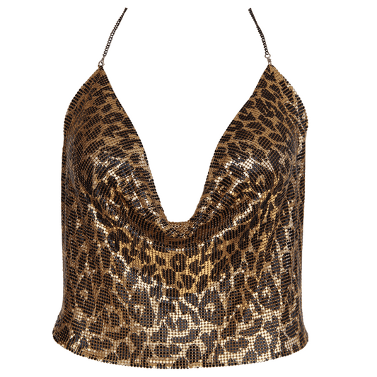 Muse Lingerie Womens Glomesh Clubwear Top Leopard Gold Chain Halter - Default Title - Skirts And Club Wear