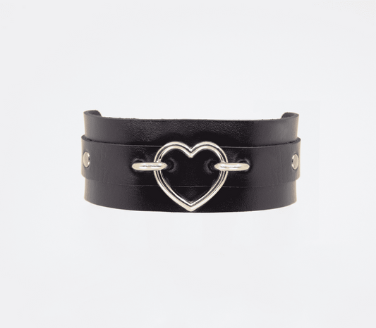 Love In Leather Heart Embellishment Faux Leather Collar with 35mm Heart - Gold - Collars and Leads