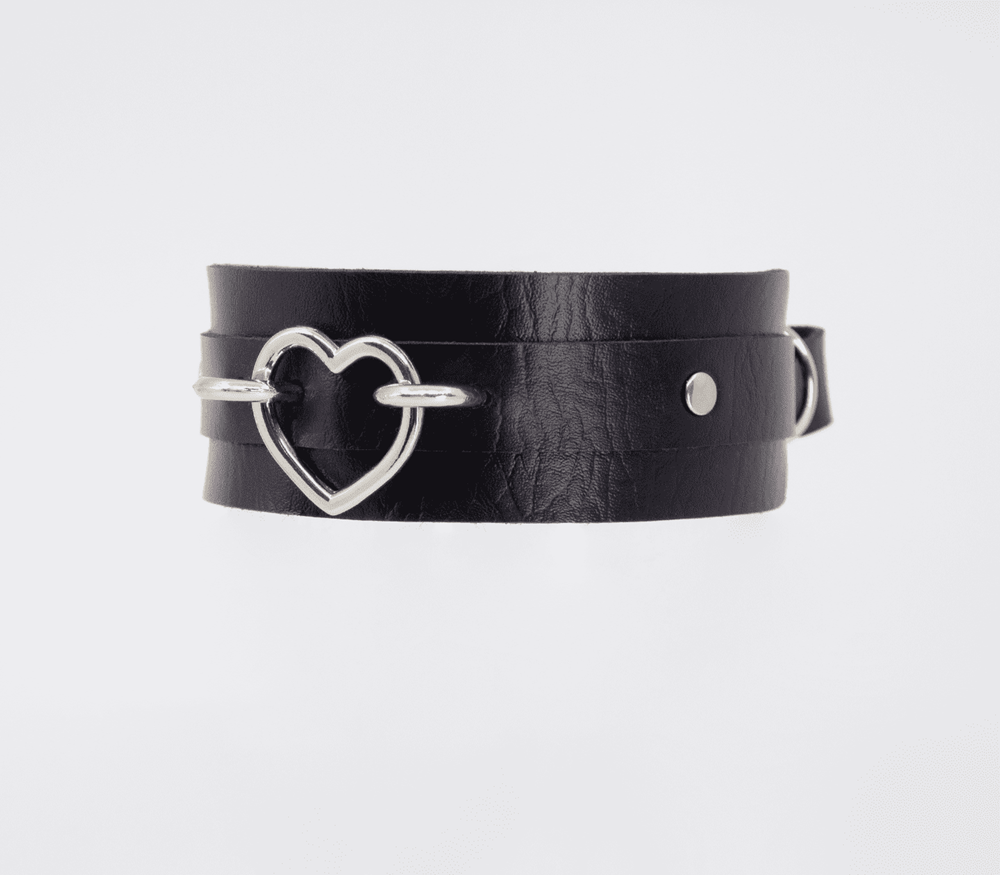 Love In Leather Heart Embellishment Faux Leather Collar with 35mm Heart - Silver - Collars and Leads