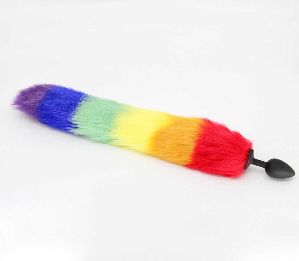 Love In Leather Fox Tail Silicone Anal Plug Large with 38cm Faux Fur Tail - Pride Rainbow - Butt Plugs