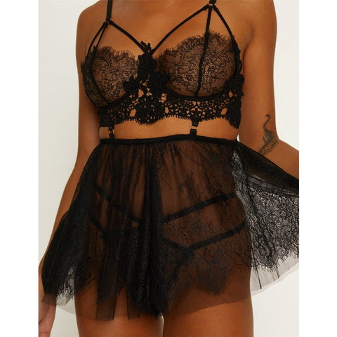 Muse Lingerie Floaty Womens Babydoll Silhouette Black Lace Babydoll Set - BabyDolls And Chemises