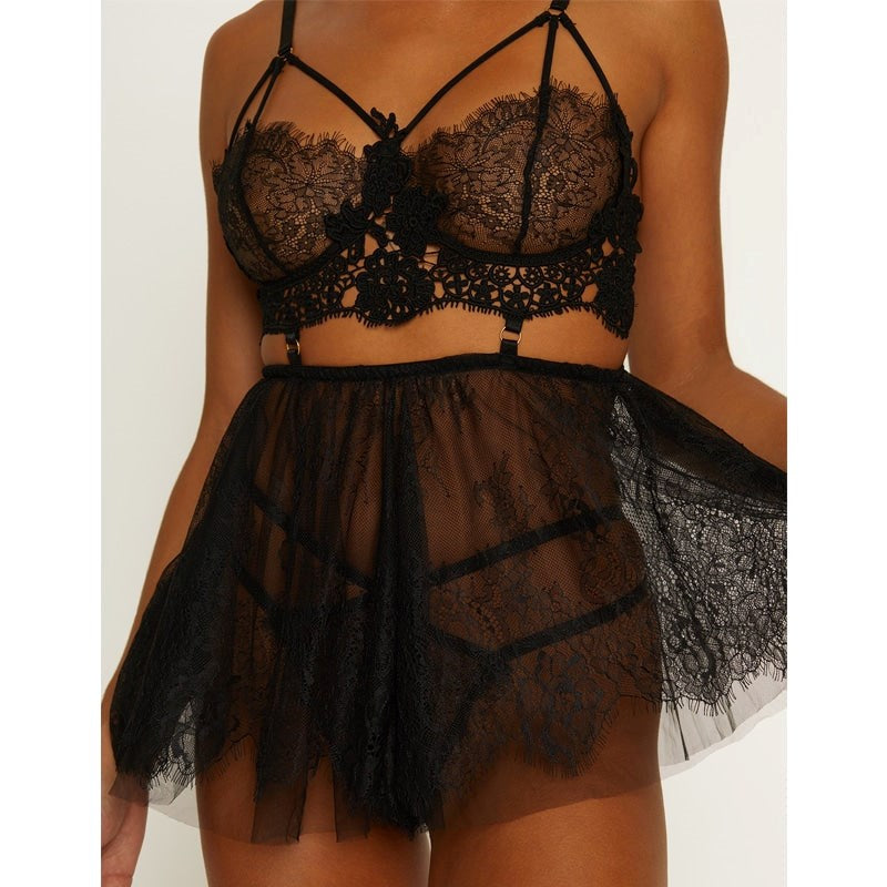 Muse Lingerie Floaty Womens Babydoll Silhouette Black Lace Babydoll Set - BabyDolls And Chemises