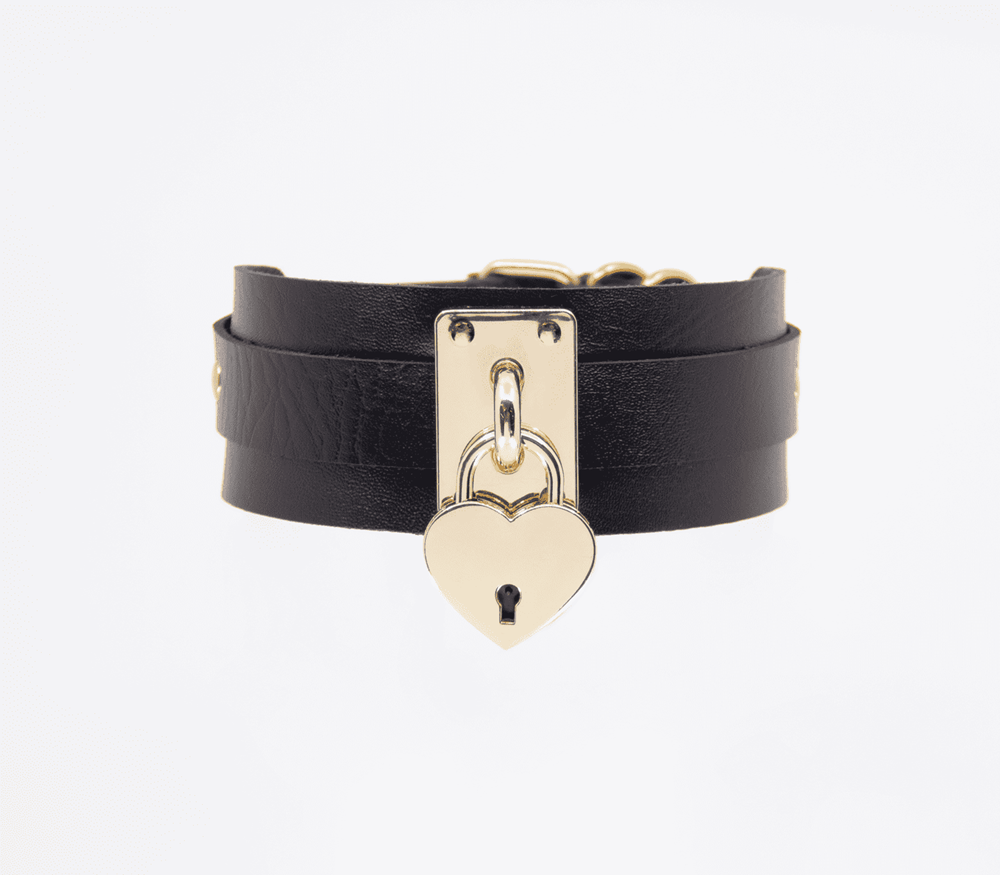 Love In Leather Heart Padlock Faux Leather Collar with Functional Lock - Gold - Collars and Leads