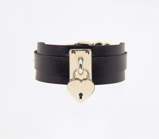 Love In Leather Heart Padlock Faux Leather Collar with Functional Lock - Gold - Collars and Leads